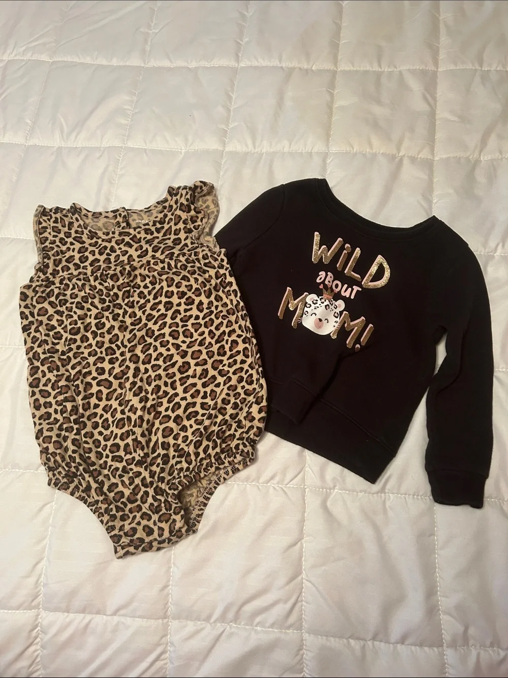 Old Navy Leopard Print Romper in Tan, Brown and Black and Garamimals Sweatshirt